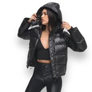 Good American‎ Jacket Womens 2XL Black Faux Leather Puffer GP0681 Hood Zip 5